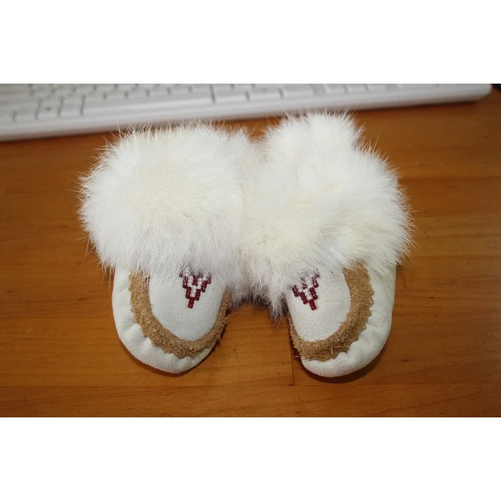 Vintage Rabbit Fur Baby Booties White Beaded Native American Style